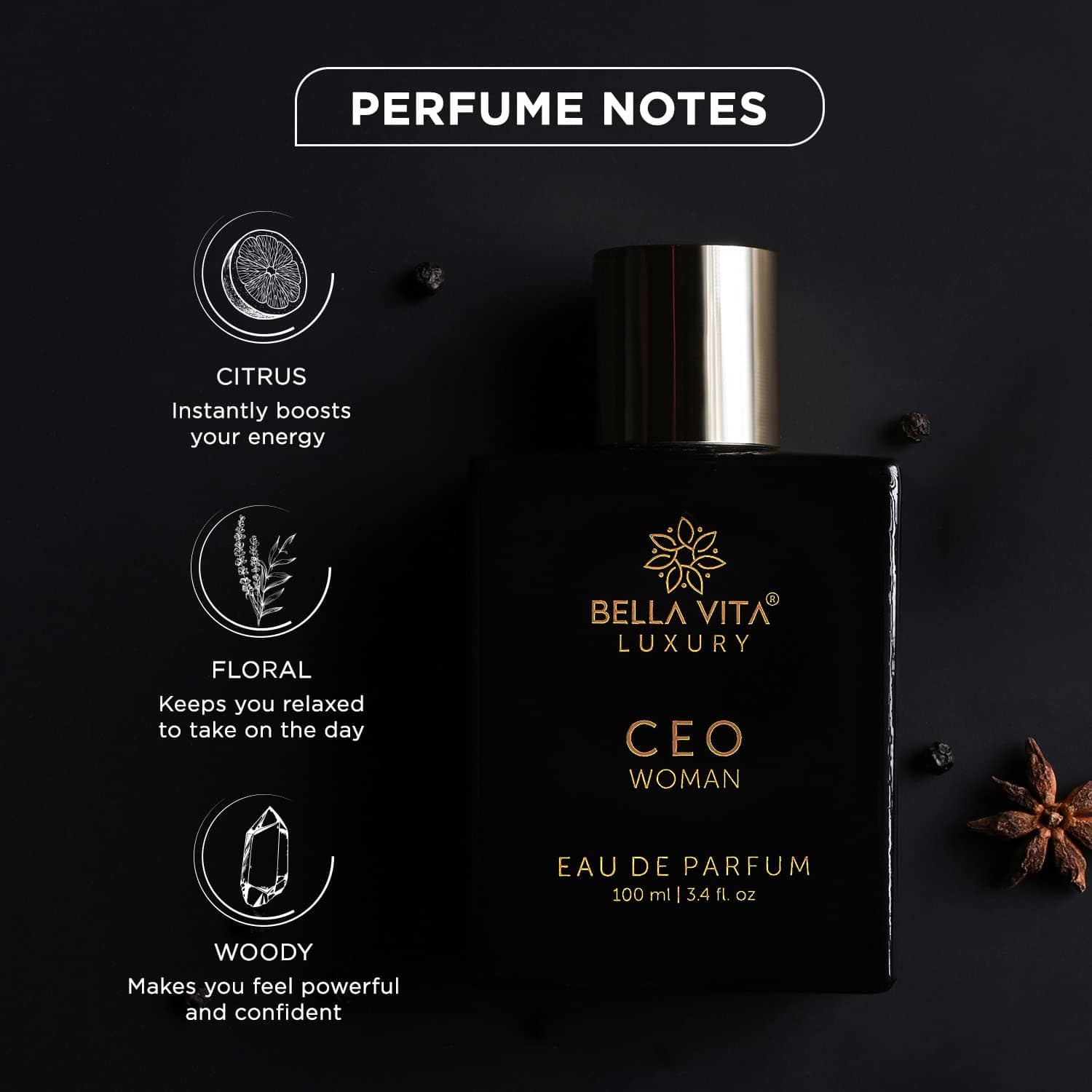 Bella Vita Luxury CEO Woman Eau De Parfum Perfume with Ylang Ylang, Vanilla, Musk, Tonka & Plum|Spicy Long Lasting EDP Liquid Fragrance Scent for Women 100ml - YuvaFlowers