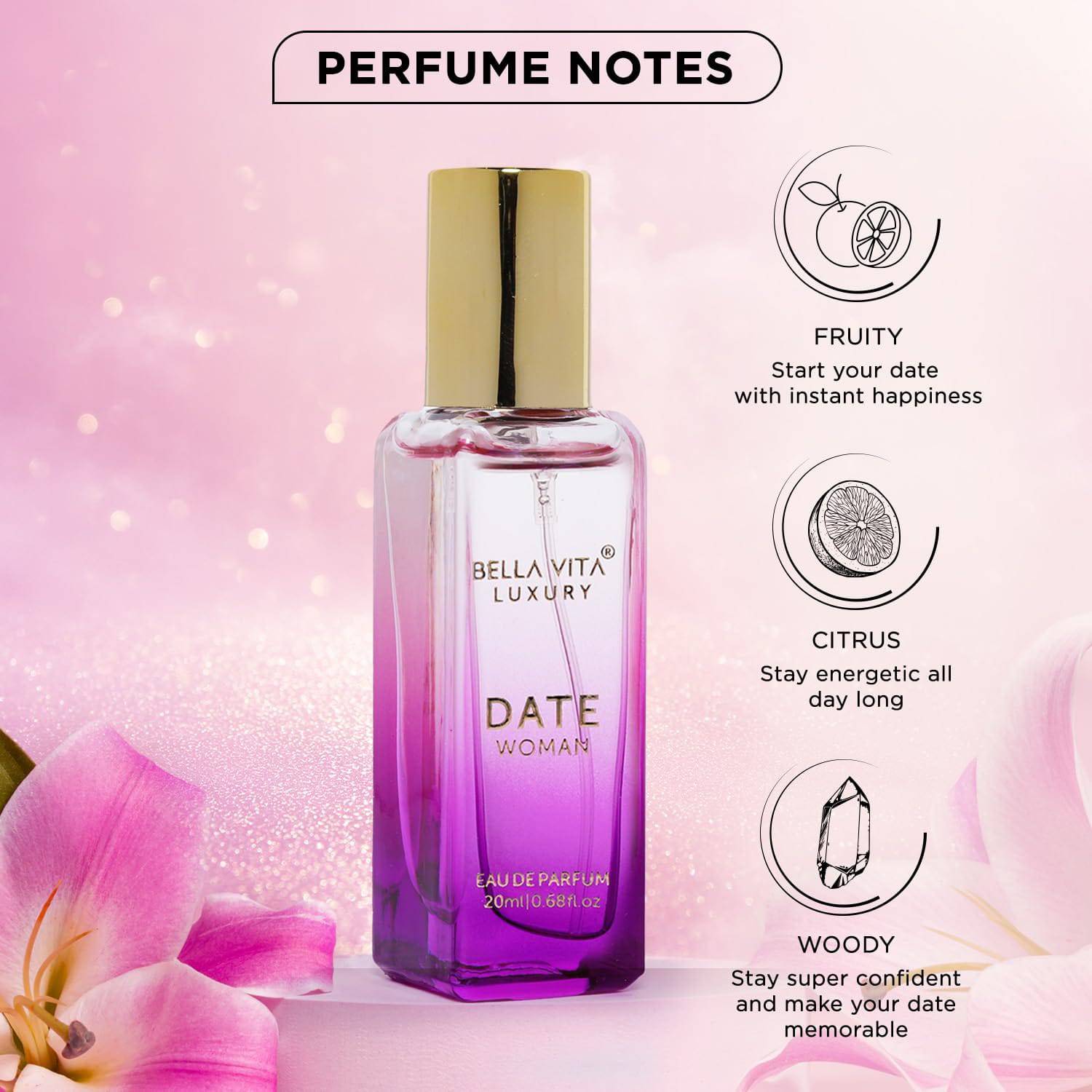 Bella Vita Luxury Date Eau De Parfum Perfume for Women with Pink Pepper, Red Fruit & Jasmine |Fruity & Spicy Long Lasting EDP Frgarance Scent, 20ml - YuvaFlowers