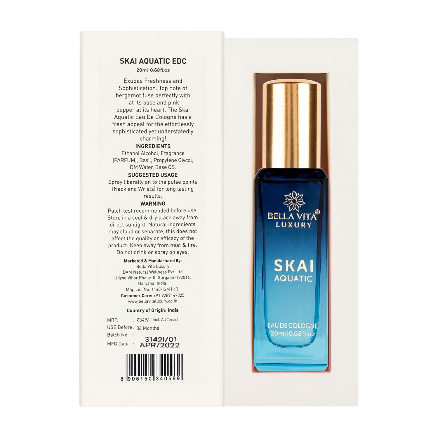 Bella Vita Luxury Skai Aquatic Eau De Cologne Unisex Perfume for Men & Women with Bergamot, Pink Pepper |Long Lasting Aqua EDC Fragrance Scent, 100 Ml - YuvaFlowers