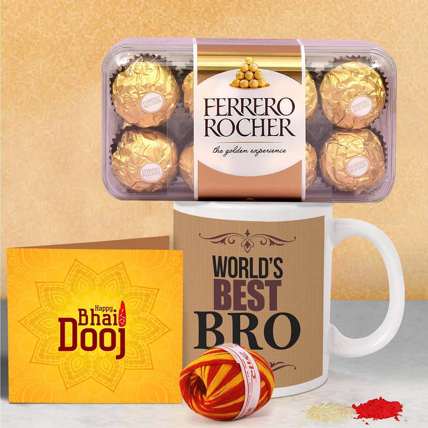 Bhai Dooj Gift Set for Brother Combo Pack - Coffee Mug with Ferrero Rocher Chocolates and Kalawa Moli Roli Chawal Tikka - YuvaFlowers