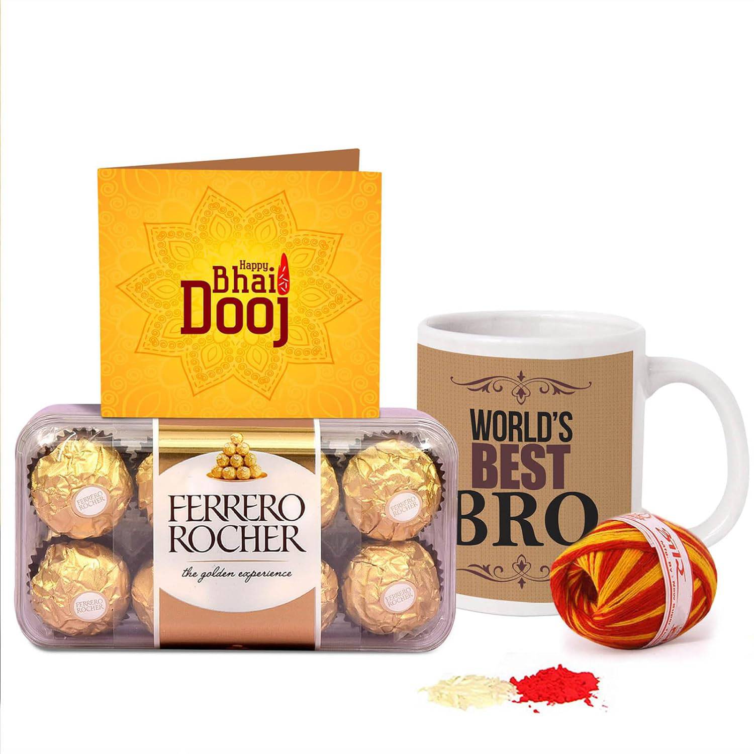 Bhai Dooj Gift Set for Brother Combo Pack - Coffee Mug with Ferrero Rocher Chocolates and Kalawa Moli Roli Chawal Tikka - YuvaFlowers