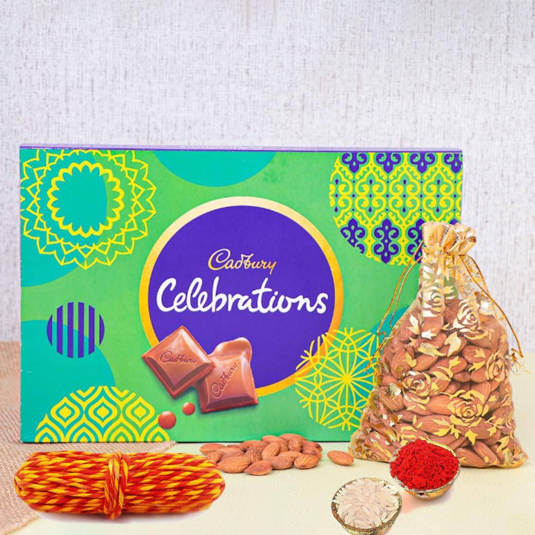 Bhai Dooj Gift Set for Brother with Cadbury Celebrations Chocolates & Dry Fruit Almonds 100g - Bhai Dooj Tika Diwali Gift Combo Pack Hamper Diwali Gifts for Family and Friends Employees Staff Clients - YuvaFlowers