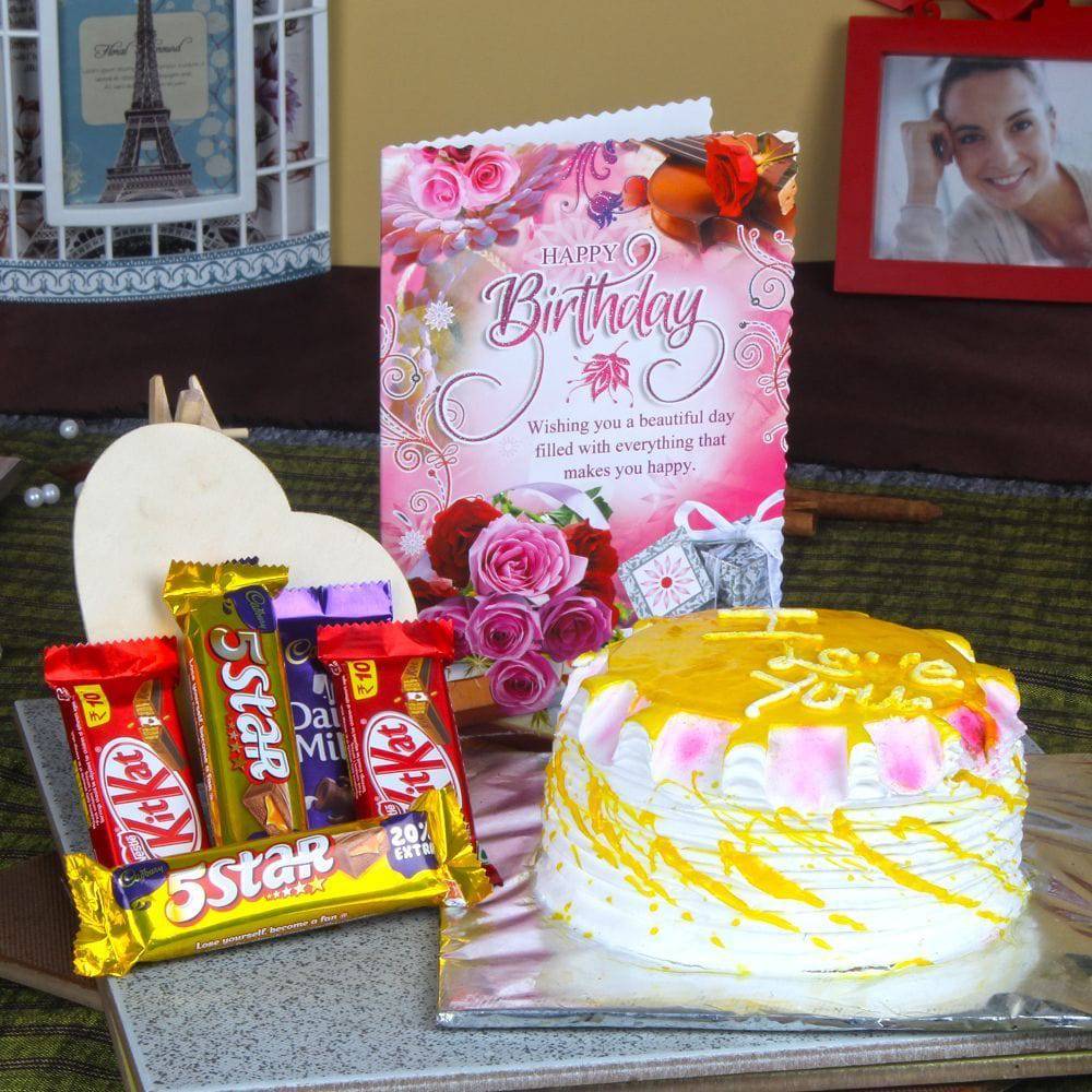 Birthday Card Hamper Of Pineapple Cake And Assorted Chocolate Bars - YuvaFlowers