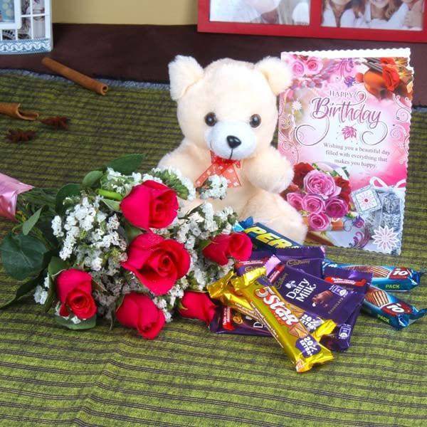 Birthday Roses with Assorted Chocolates and Teddy Bear Only For You - YuvaFlowers