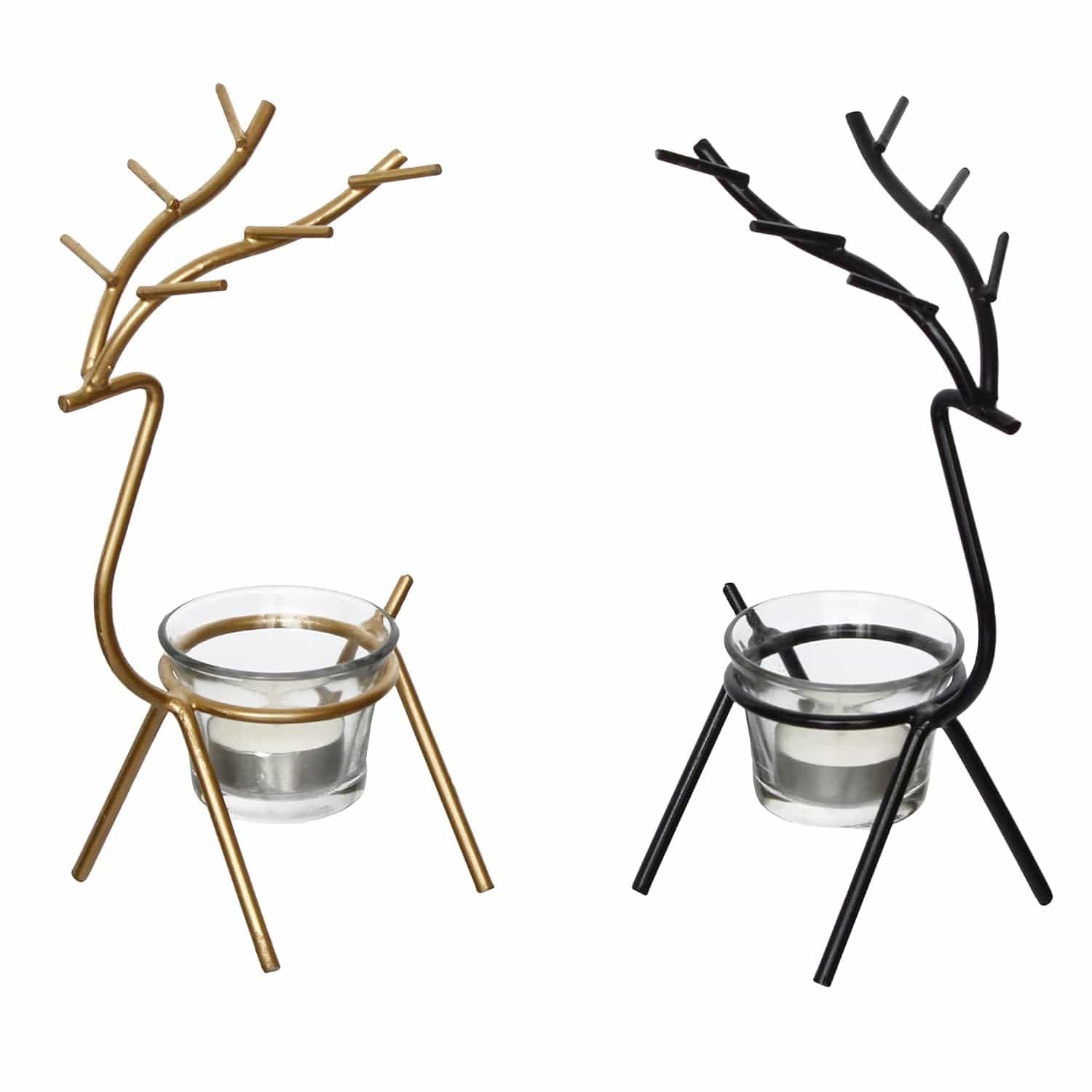 Black and Gold Set of 2 Deer Shape Decorative Handcrafted Metal Tea Light Candle Holders for Diwali Festival, Home Decor, Table Decoration, Gift - YuvaFlowers