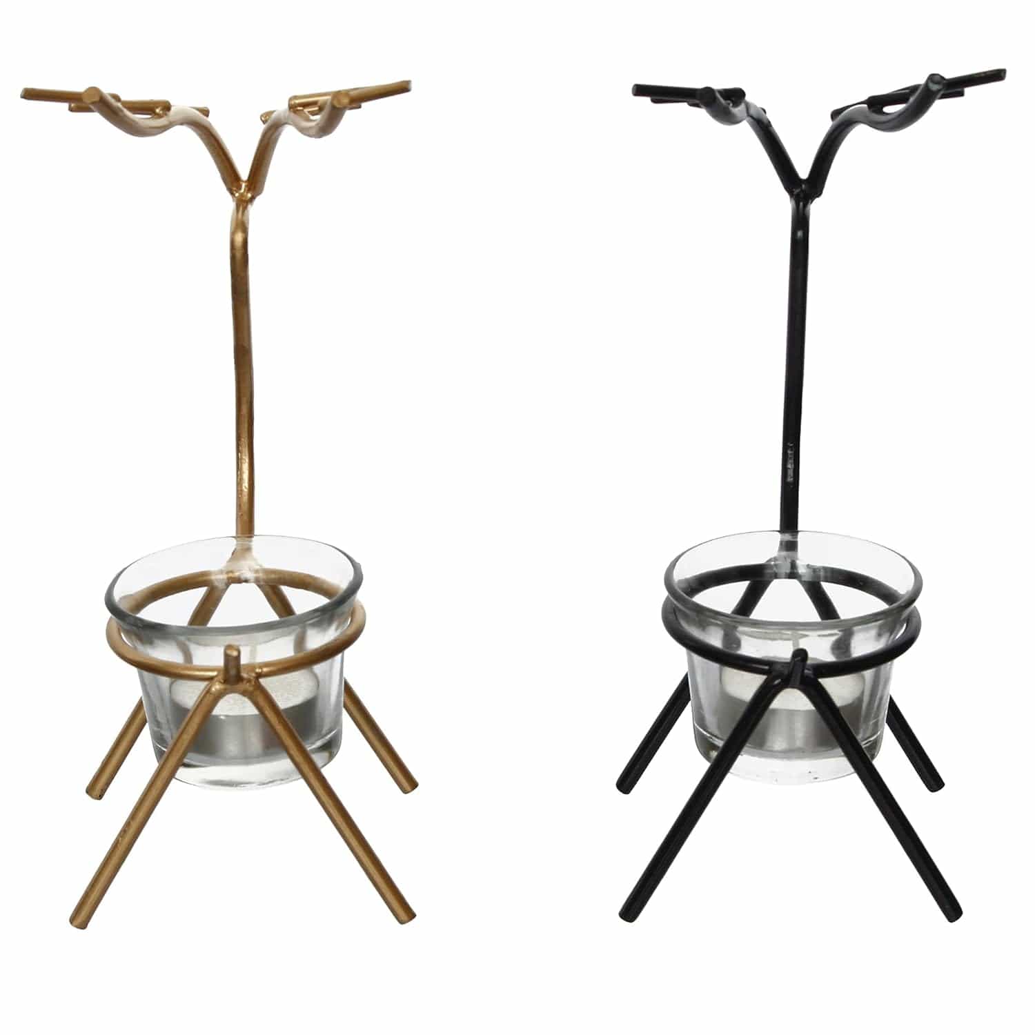 Black and Gold Set of 2 Deer Shape Decorative Handcrafted Metal Tea Light Candle Holders for Diwali Festival, Home Decor, Table Decoration, Gift - YuvaFlowers