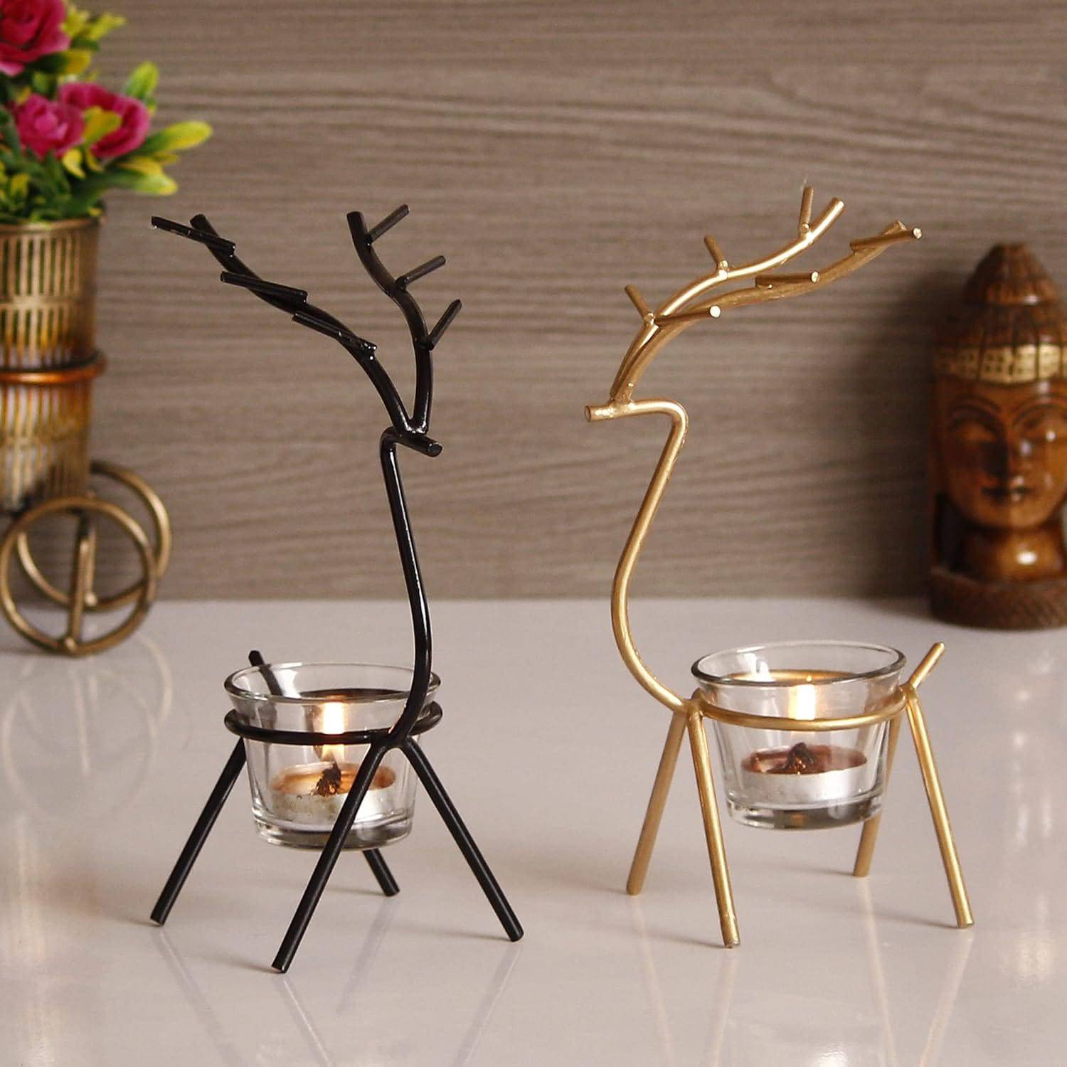 Black and Gold Set of 2 Deer Shape Decorative Handcrafted Metal Tea Light Candle Holders for Diwali Festival, Home Decor, Table Decoration, Gift - YuvaFlowers