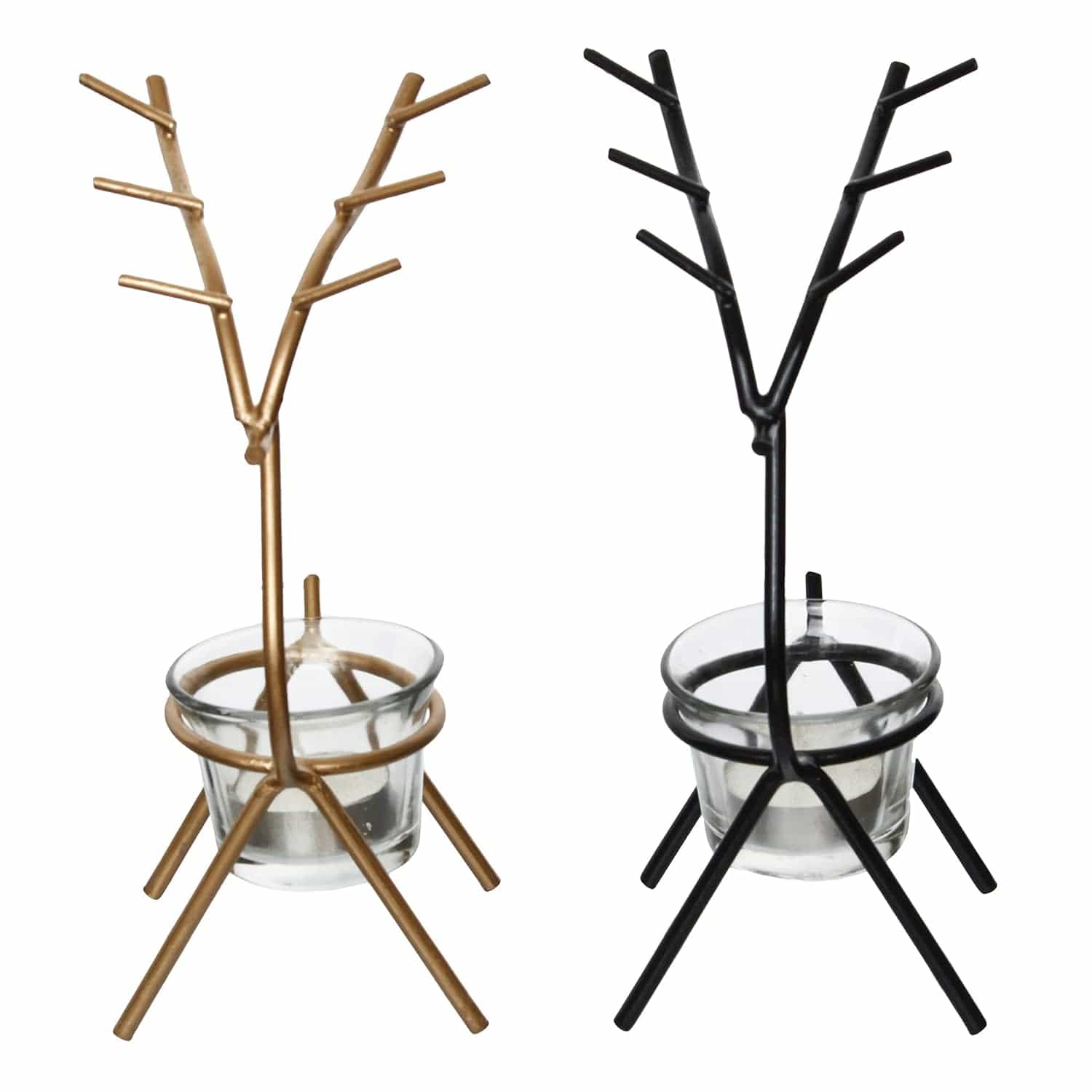 Black and Gold Set of 2 Deer Shape Decorative Handcrafted Metal Tea Light Candle Holders for Diwali Festival, Home Decor, Table Decoration, Gift - YuvaFlowers
