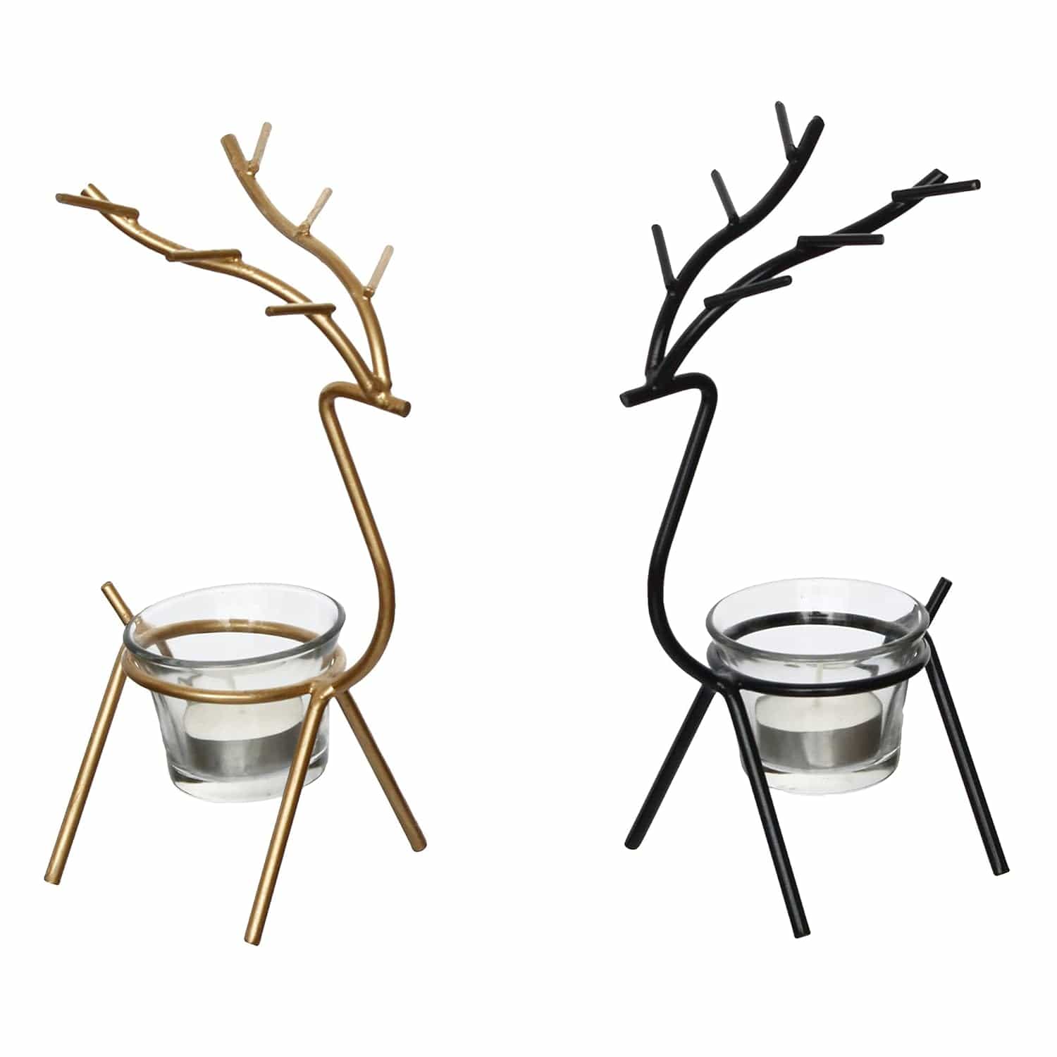 Black and Gold Set of 2 Deer Shape Decorative Handcrafted Metal Tea Light Candle Holders for Diwali Festival, Home Decor, Table Decoration, Gift - YuvaFlowers