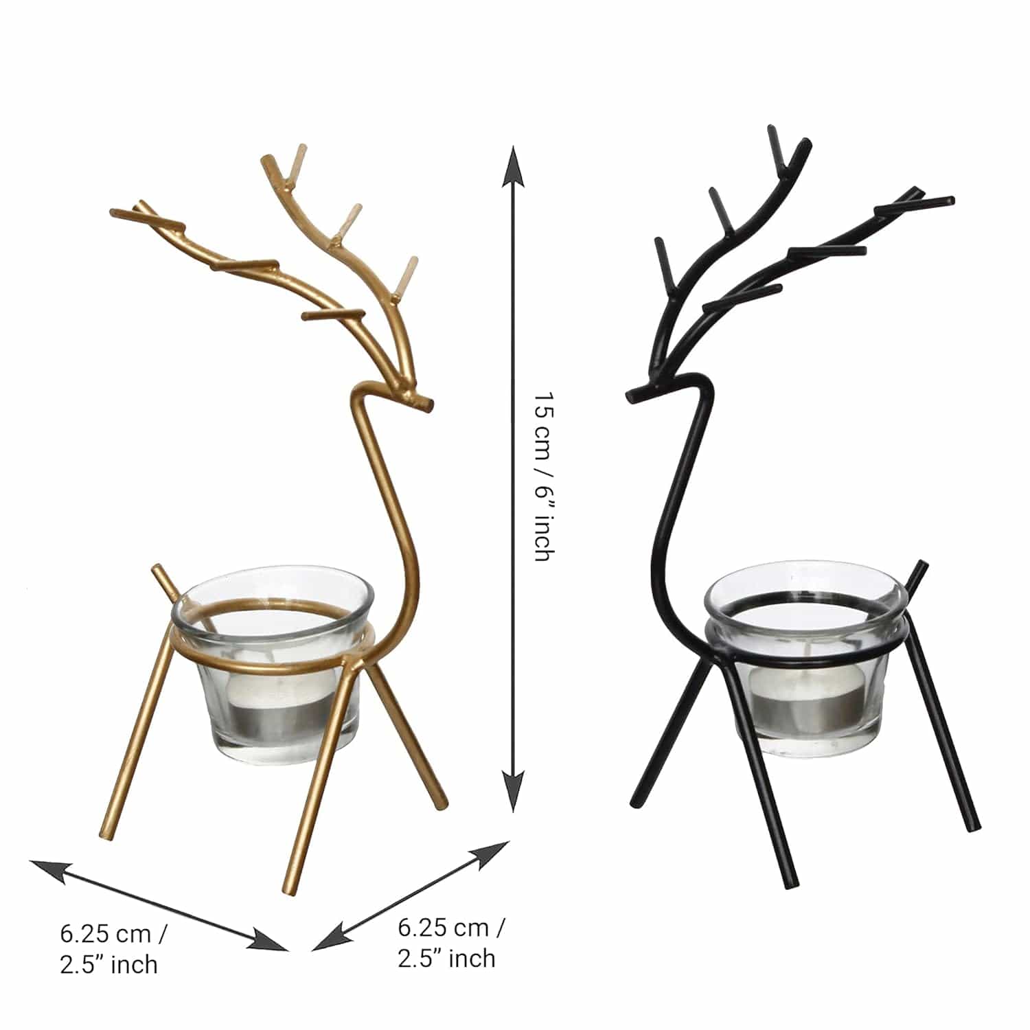 Black and Gold Set of 2 Deer Shape Decorative Handcrafted Metal Tea Light Candle Holders for Diwali Festival, Home Decor, Table Decoration, Gift - YuvaFlowers