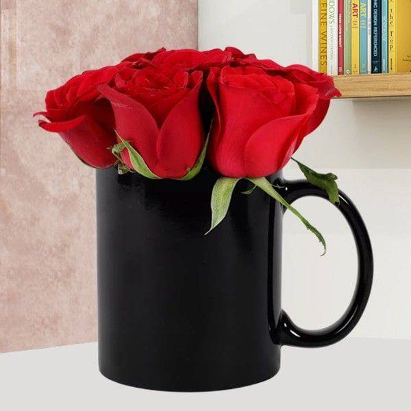 Black Mug With Red Roses - YuvaFlowers