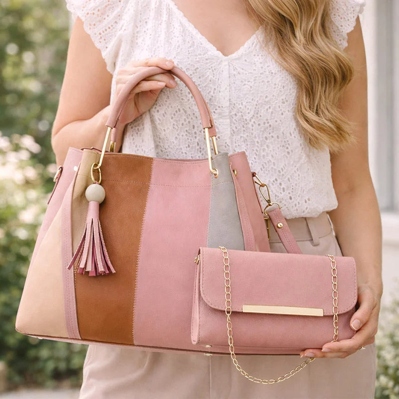 Blush Harmony Colorblock Tote & Chain Wallet Set