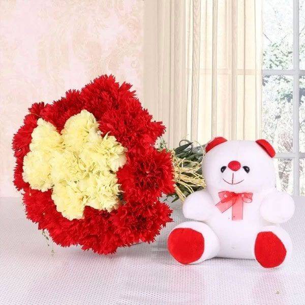 Bouquet of 10 Mix Carnations with Cute Soft Toy - YuvaFlowers