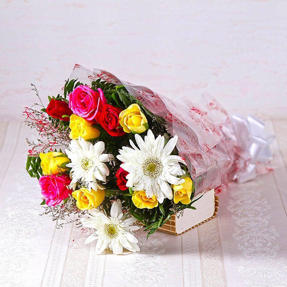 Bunch Of White Gerberas With Multi Colour Roses - YuvaFlowers