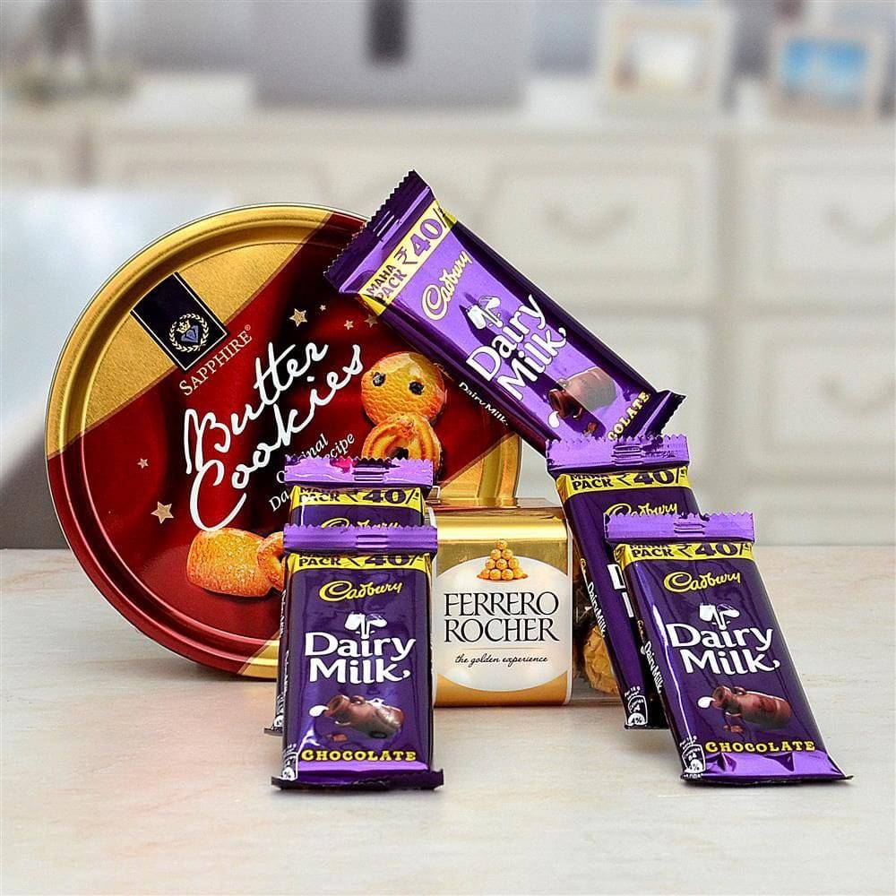 Butter Cookies, Dairy Milk with Ferrero Rocher Chocolates Hamper - YuvaFlowers