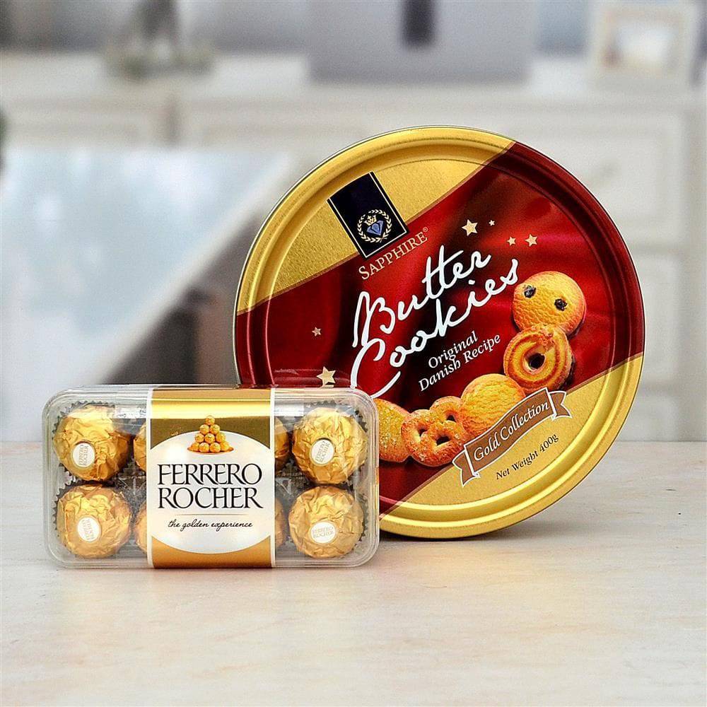 Butter Cookies with Ferrero Rocher Chocolates Hamper - YuvaFlowers