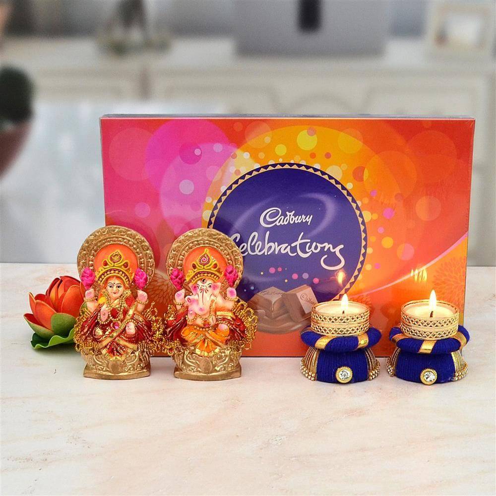 Cadburry Celebration, Mitti Laxmi Ganesh with 2 Purple Diya - YuvaFlowers