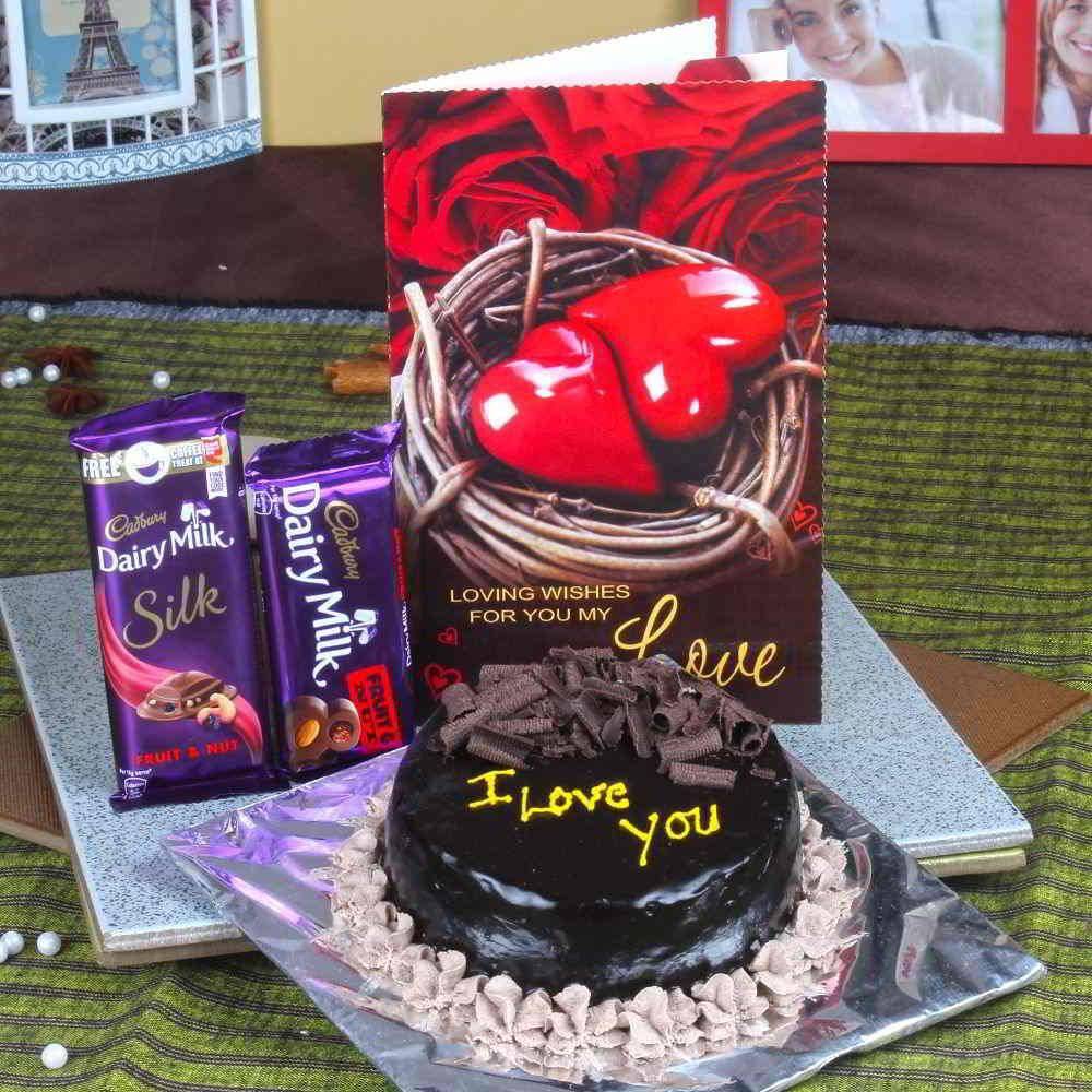 Cadbury Dairy Milk Chocolate With Chocolate Cake And Love Greeting Card - YuvaFlowers