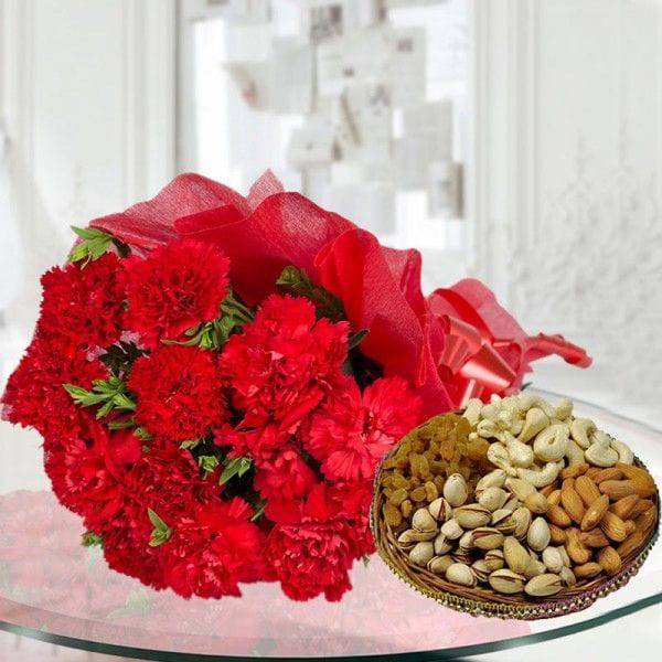 Carnations and Dry Fruits - YuvaFlowers