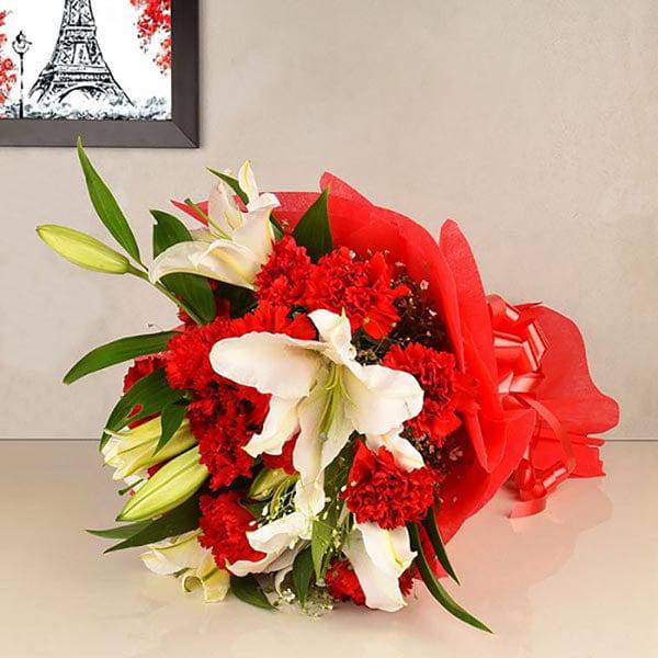 Carnations N Lilies Arrangement - YuvaFlowers