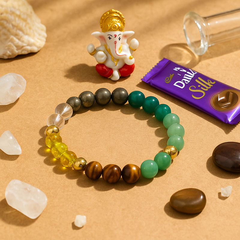 Chakra Healing and Money Attract Pyrite Crystal Bracelet with Ganesha Idol & Dairy Milk Silk – Spiritual Gift Combo