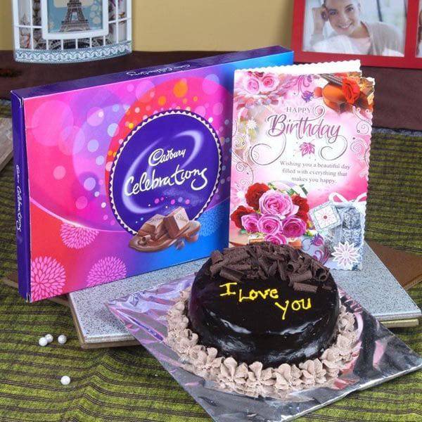 Chocolate Cake and Celebration Pack with Birthday Greeting Card - YuvaFlowers