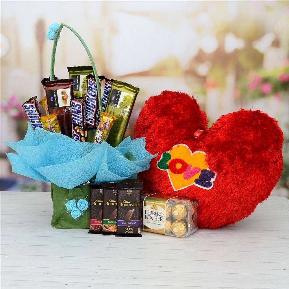 Chocolates Bouquet in a Basket with Bournville, Ferrero Rocher & Cushion - YuvaFlowers