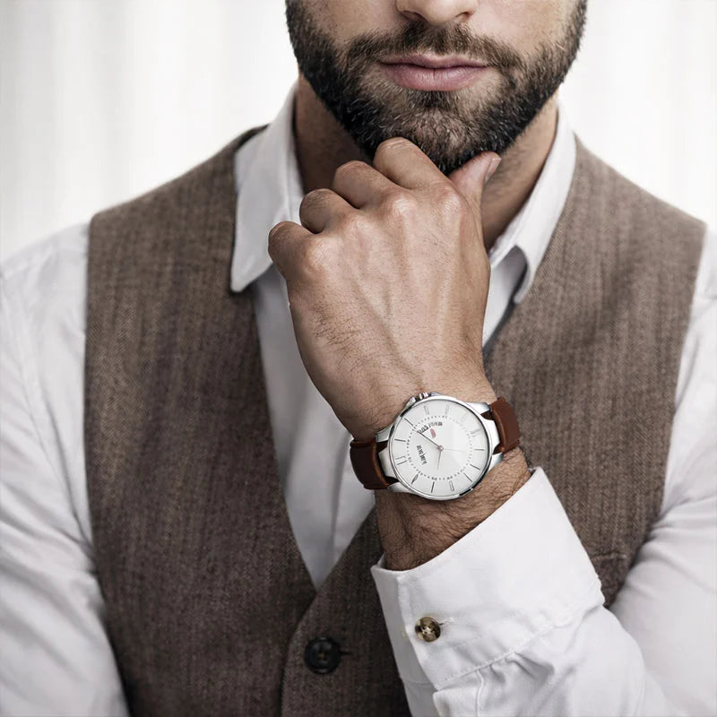 Classic Silver Dial Leather Strap Watch with Day-Date Display