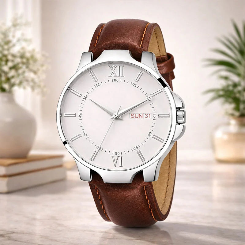 Classic Silver Dial Leather Strap Watch with Day-Date Display