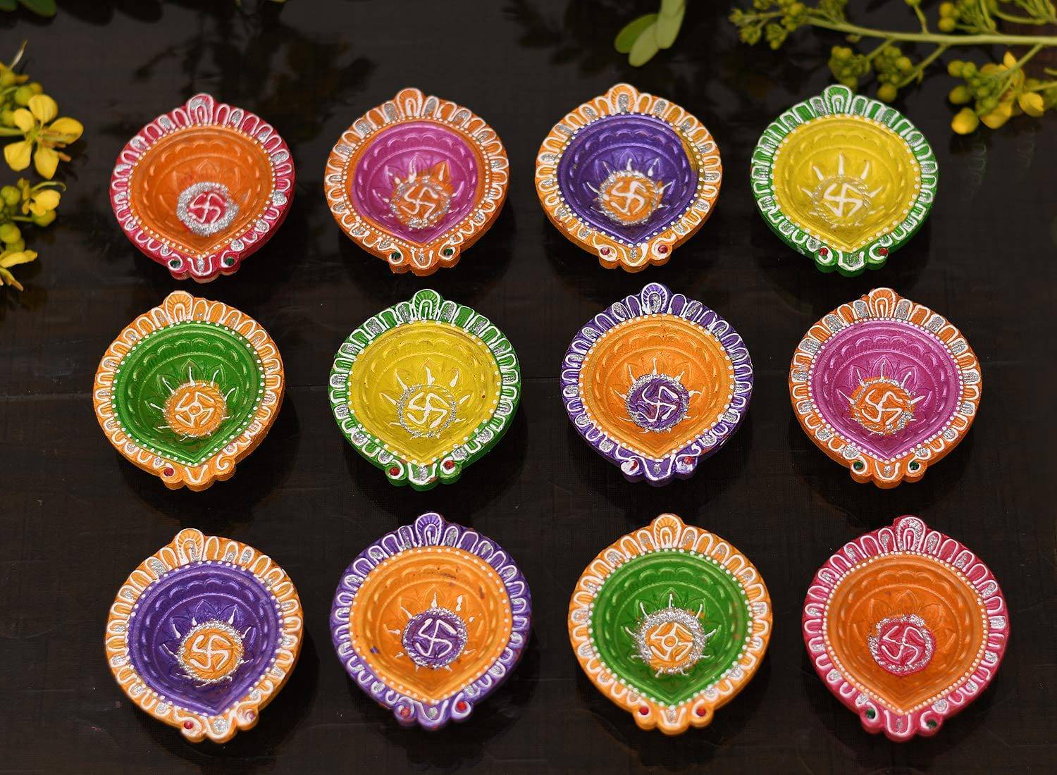 Clay 12 Diyas Diya Deepak Earthen Assorted Colorful Set - Diwali Decoration Puja - Handpainted Diya for Home Indoor Outdoor Diwali Design Handmade Mix Color (Set of 12) - YuvaFlowers