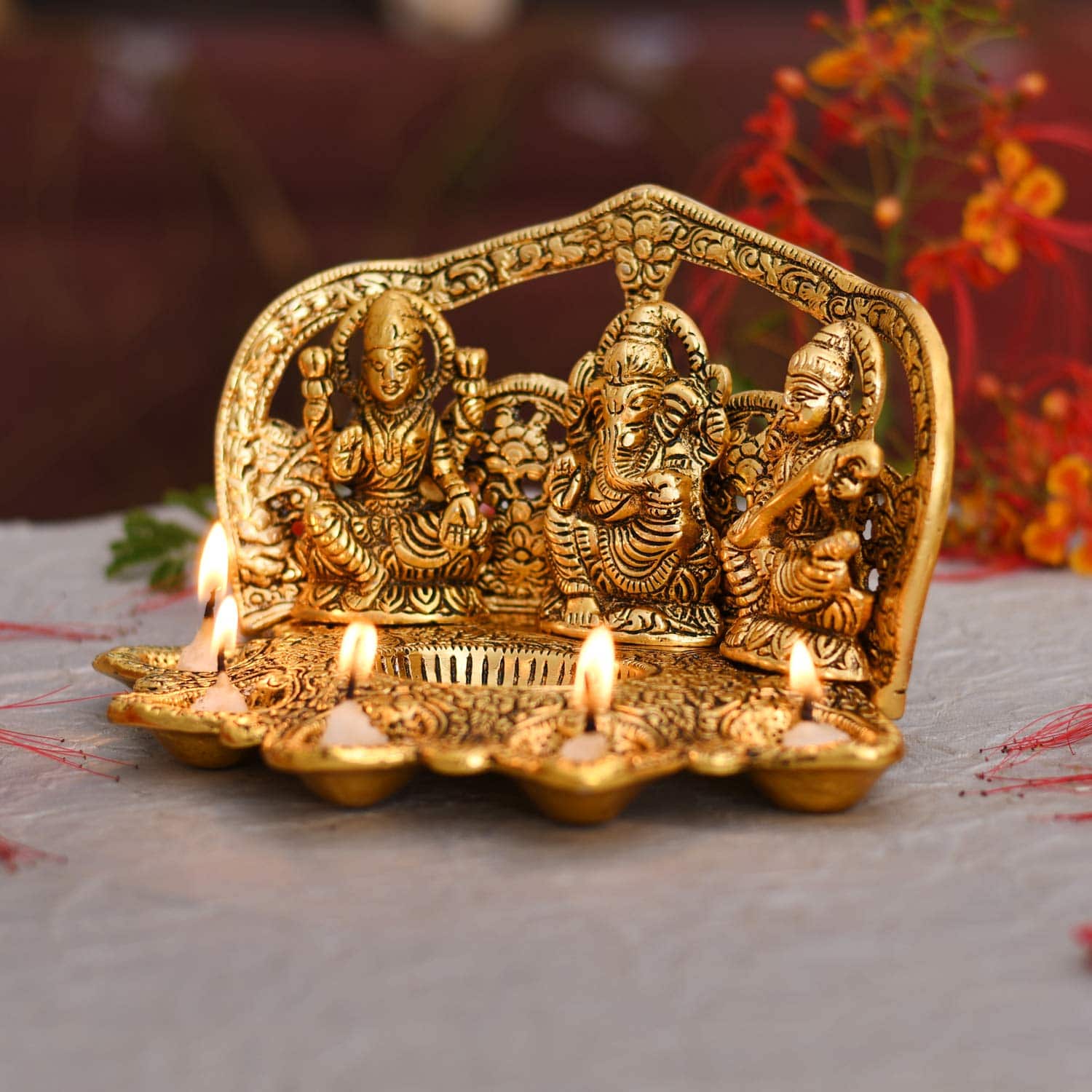 Collectable India Lakshmi Ganesh Saraswati Idol Diya Oil Lamp Deepak - Metal Lakshmi Ganesh Showpiece Statue - Traditional Diya for Diwali Pooja - Diwali Home Decor Item Gift (1) - YuvaFlowers