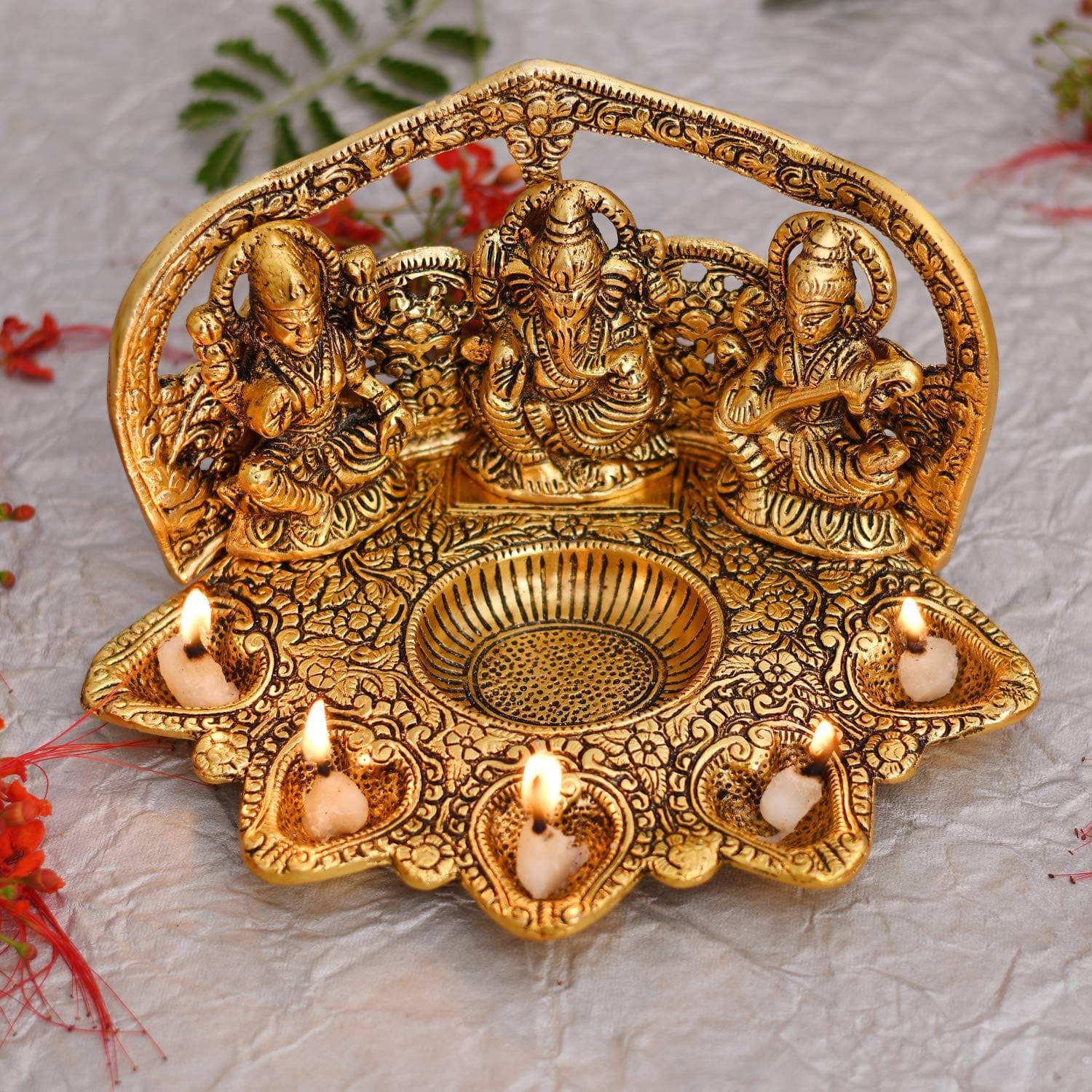 Collectable India Lakshmi Ganesh Saraswati Idol Diya Oil Lamp Deepak - Metal Lakshmi Ganesh Showpiece Statue - Traditional Diya for Diwali Pooja - Diwali Home Decor Item Gift (1) - YuvaFlowers