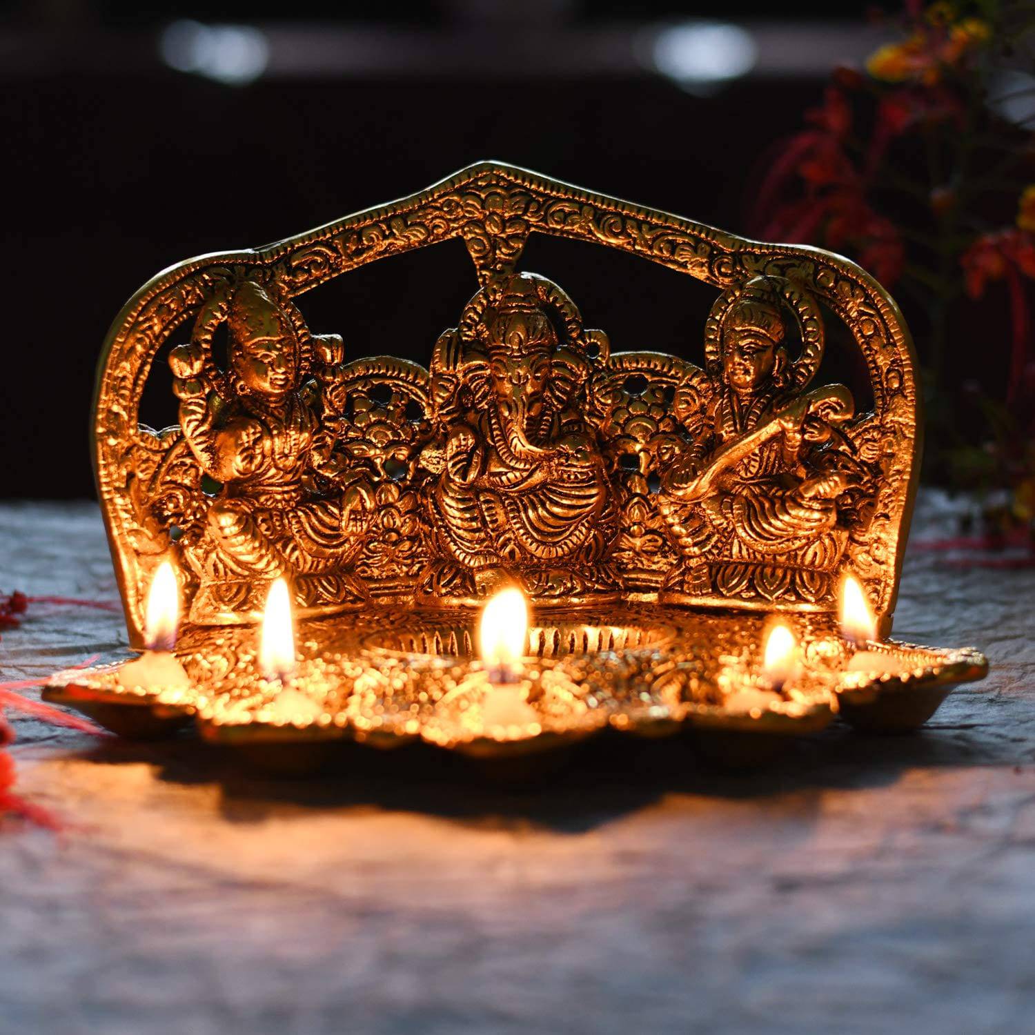 Collectable India Lakshmi Ganesh Saraswati Idol Diya Oil Lamp Deepak - Metal Lakshmi Ganesh Showpiece Statue - Traditional Diya for Diwali Pooja - Diwali Home Decor Item Gift (1) - YuvaFlowers