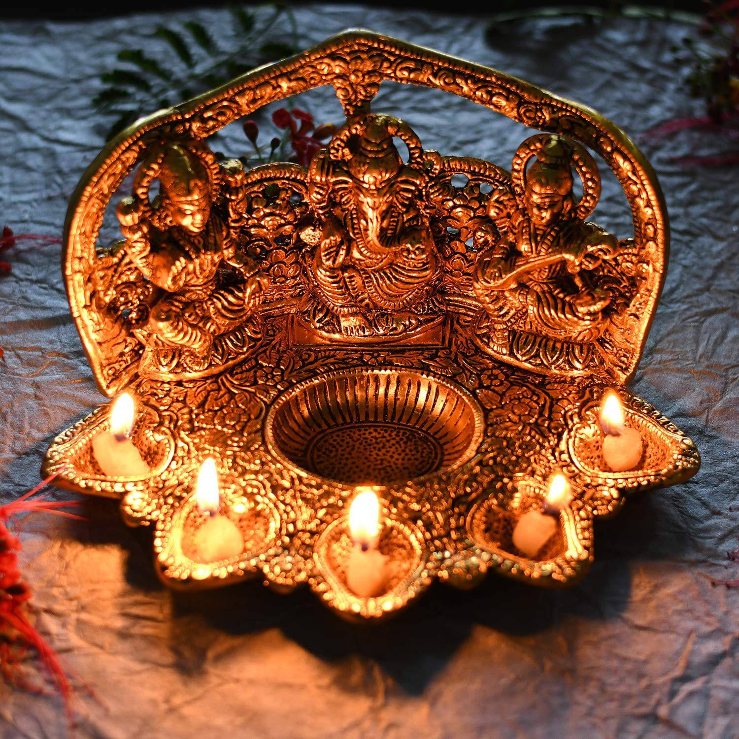 Collectable India Lakshmi Ganesh Saraswati Idol Diya Oil Lamp Deepak - Metal Lakshmi Ganesh Showpiece Statue - Traditional Diya for Diwali Pooja - Diwali Home Decor Item Gift (1) - YuvaFlowers