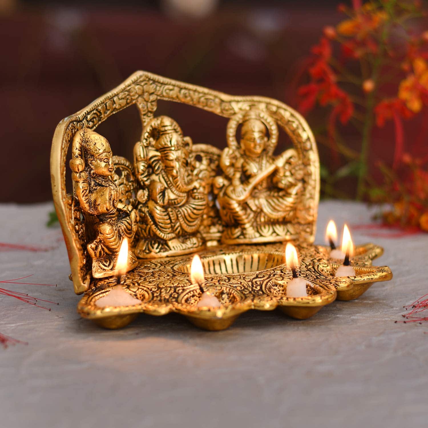 Collectable India Lakshmi Ganesh Saraswati Idol Diya Oil Lamp Deepak - Metal Lakshmi Ganesh Showpiece Statue - Traditional Diya for Diwali Pooja - Diwali Home Decor Item Gift (1) - YuvaFlowers