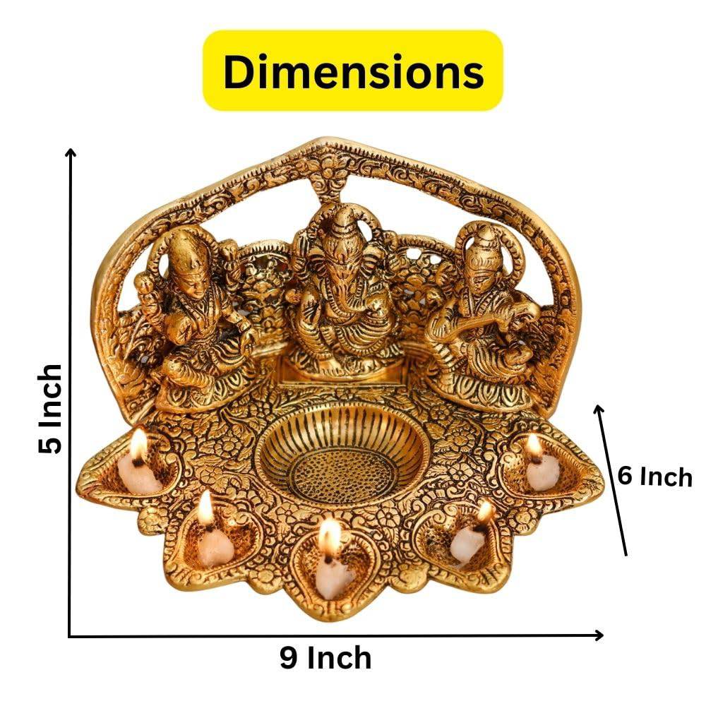 Collectable India Lakshmi Ganesh Saraswati Idol Diya Oil Lamp Deepak - Metal Lakshmi Ganesh Showpiece Statue - Traditional Diya for Diwali Pooja - Diwali Home Decor Item Gift (1) - YuvaFlowers