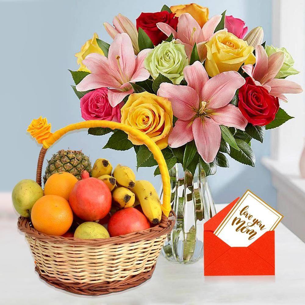 Colorful Roses & Lilies with Fruits For Mom - YuvaFlowers