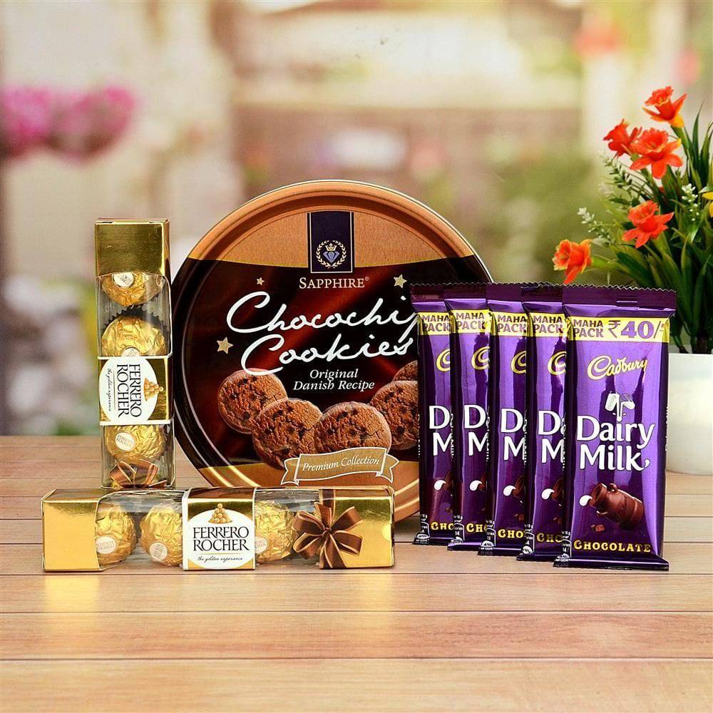 Cookies, Dairy Milk with Ferrero Rocher Choaoloate Hamper - YuvaFlowers