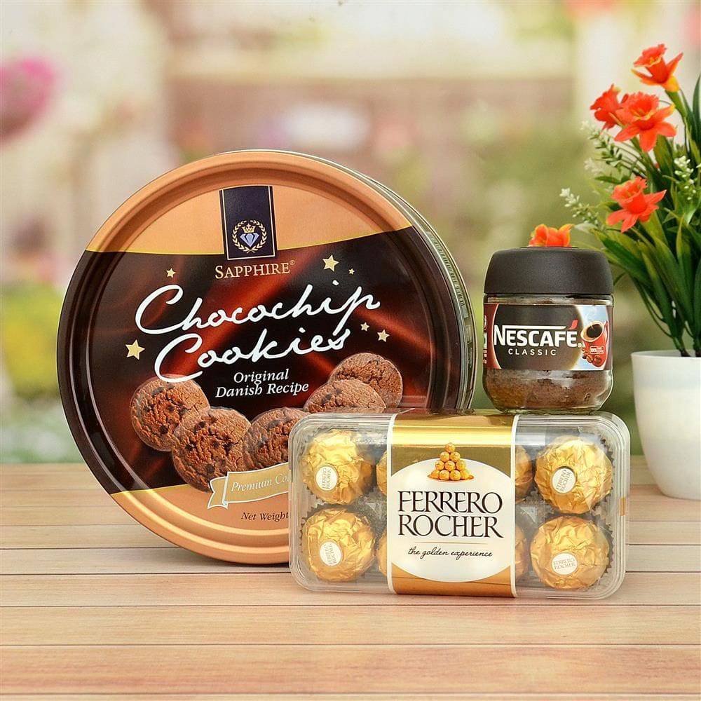 Cookies & Ferrero Rocher with Coffee Hamper - YuvaFlowers