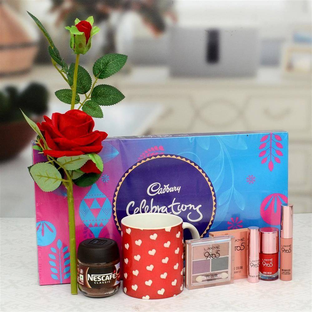 Cosmetics With Chocolate & Rose - YuvaFlowers