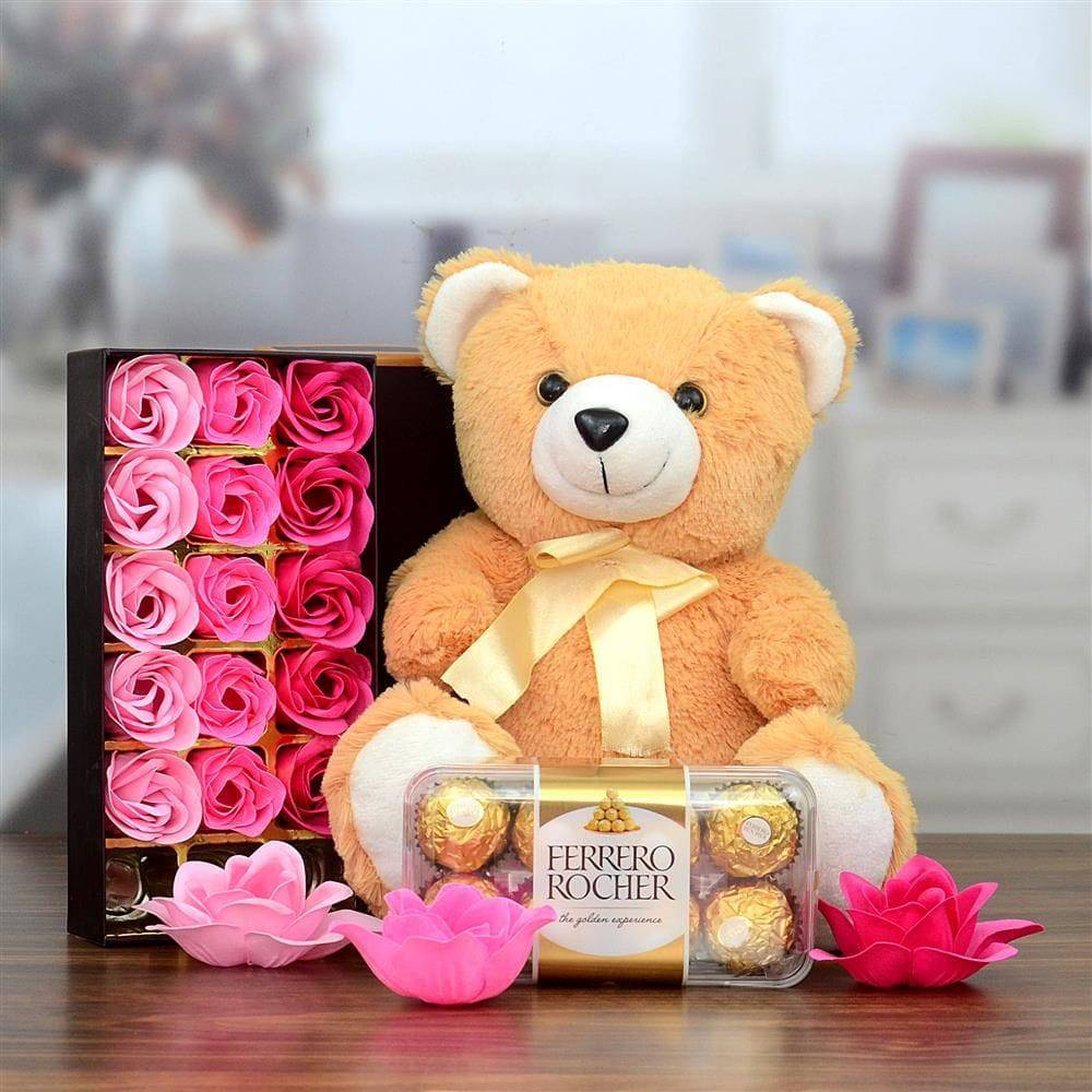Cream Teddy With Chocolate & Scented Soap Rose - YuvaFlowers