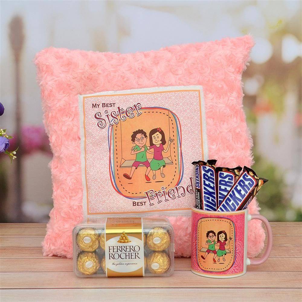 Cushion, Ferrero Rocher, Snickers with Mug for Sister - YuvaFlowers