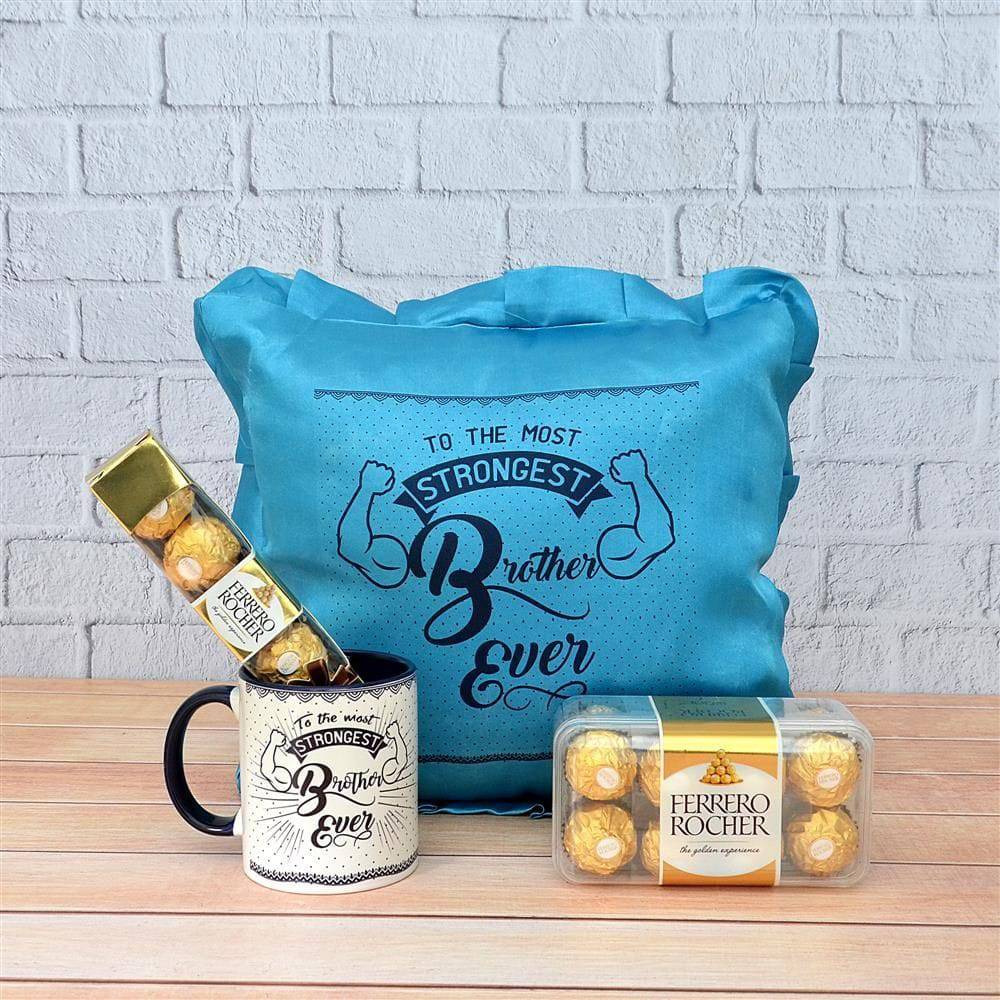 Cushion, Mug & Ferrero Rocher Hamper For Brother - YuvaFlowers