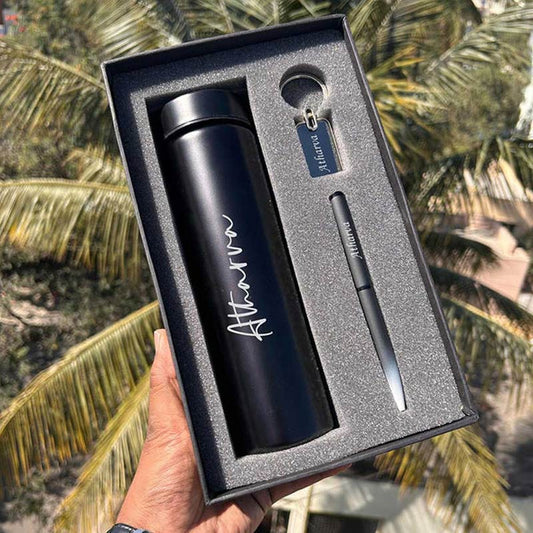 Personalized Executive Gift Set – Thermal Bottle, Pen & Keychain (Black Edition)