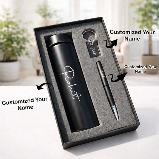 Personalized Executive Gift Set – Thermal Bottle, Pen & Keychain (Black Edition)