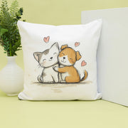 Cute Cat & Dog Hug Printed Cushion