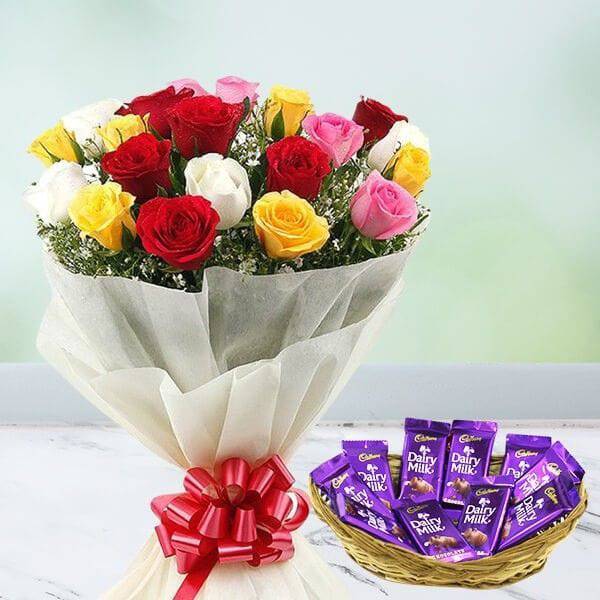Dairy Milk Basket With Mix Roses - YuvaFlowers