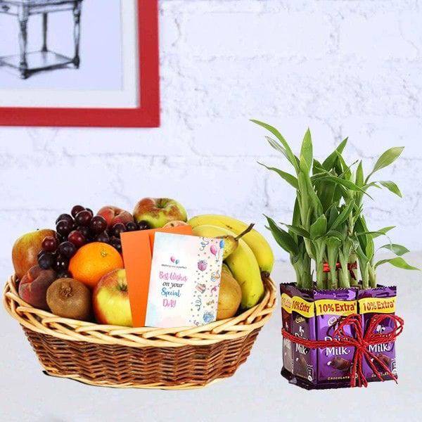 Dairy Milk Lucky Bamboo Hamper with Fruit Basket - YuvaFlowers