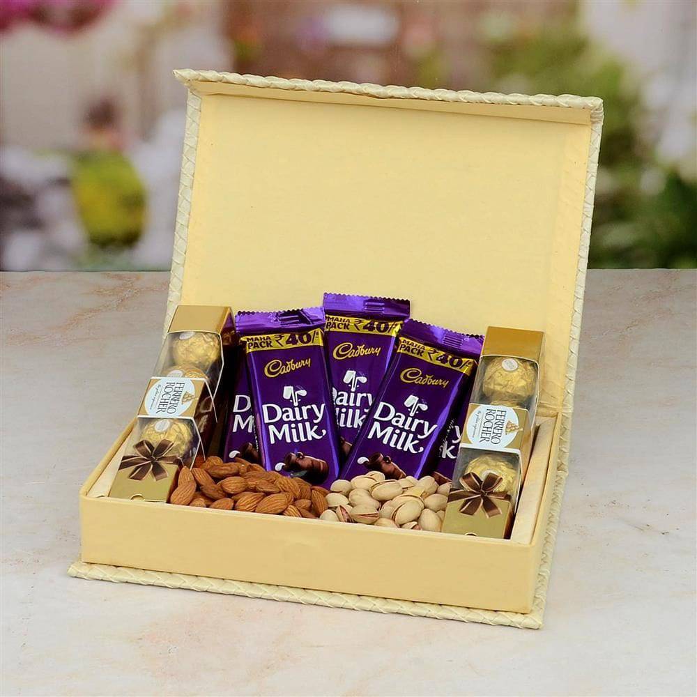 Dairy Milk With Ferrero Rocher and Dryfruits Combo Box - YuvaFlowers