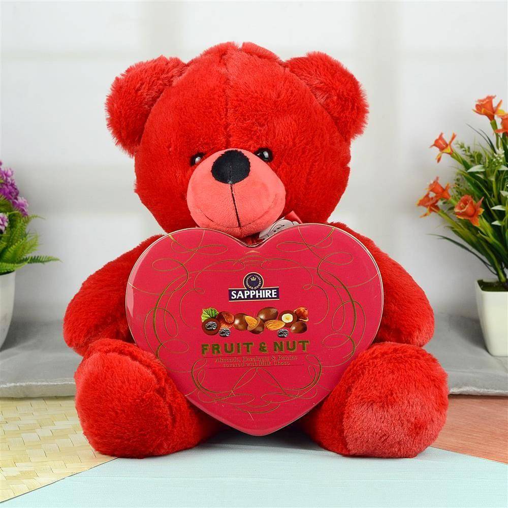 Darling Red Bowtie Teddy & Sapphire Box - YuvaFlowers